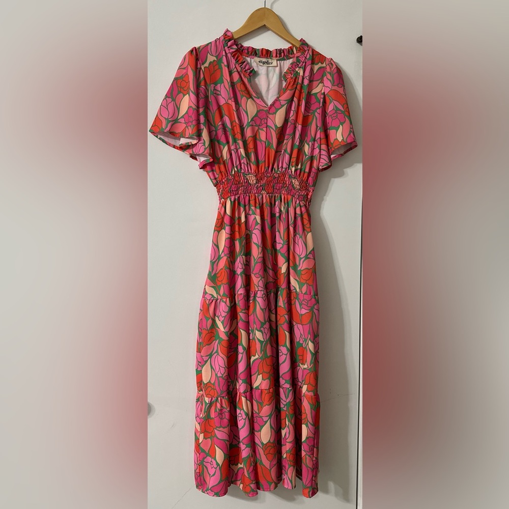 Pink and Orange Ruched Smocked Maxi Sundress